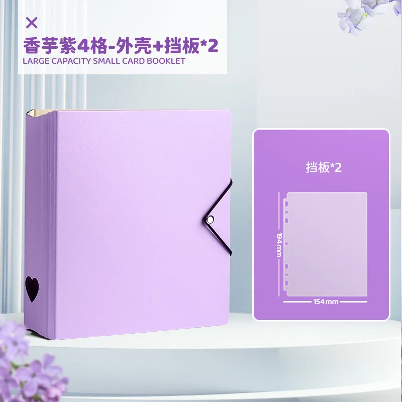 Purple large capacity small card booklet with two display boards shown next to it.