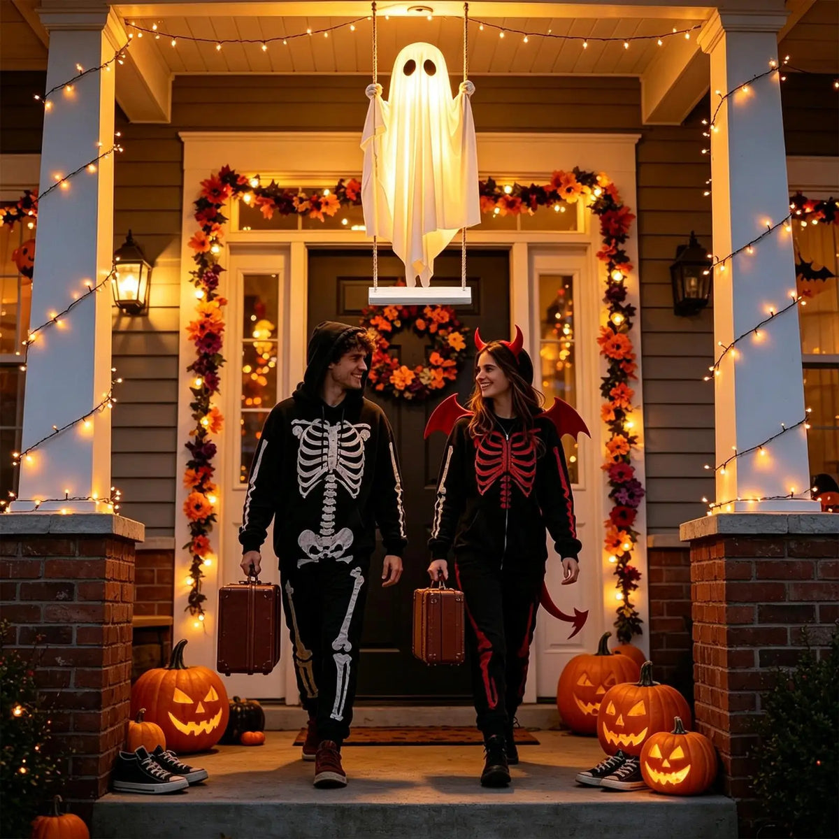 Décor d'Halloween avec une décoration fantôme à balancement de 5 pieds sur un porche aux feuilles d'automne et citrouilles.