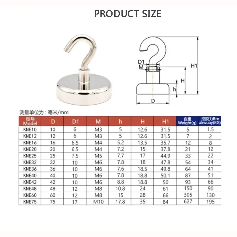 Diagram showing various sizes of magnetic hooks with corresponding dimensions in millimeters and weight in kilograms.