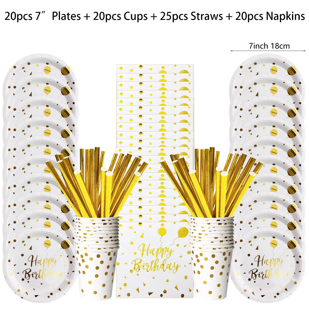 Un juego de vajilla desechable para fiestas con lunares dorados, incluyendo platos, vasos, pajitas y servilletas.