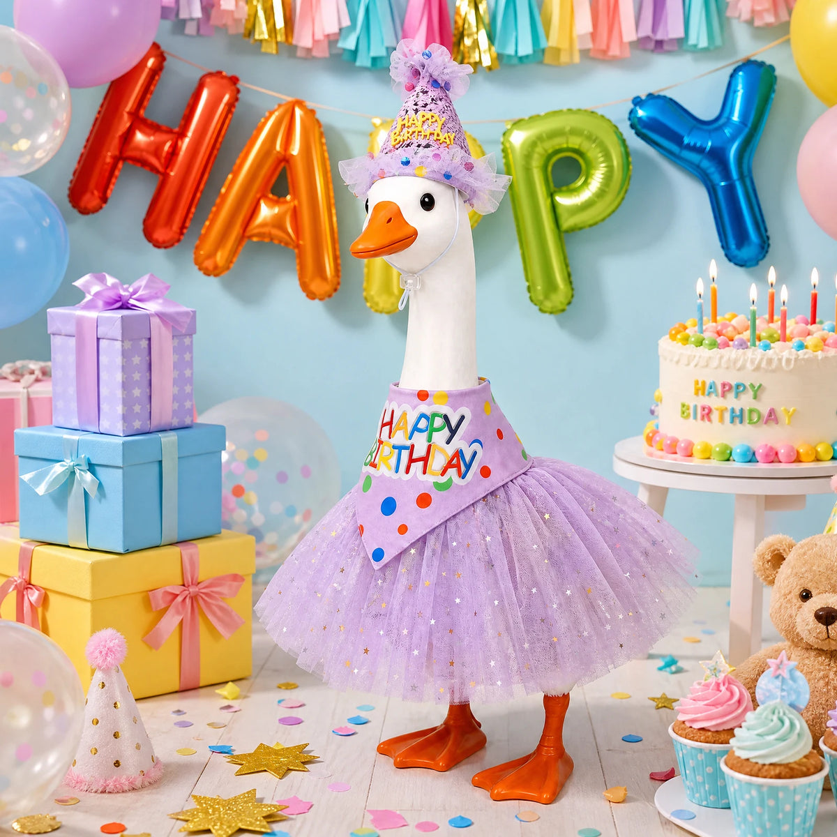 A white duck costume with a purple tutu and a party banner, surrounded by birthday decorations and gifts.