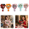 A collection of handmade crochet rose flower bouquets in various colors and packaging.
