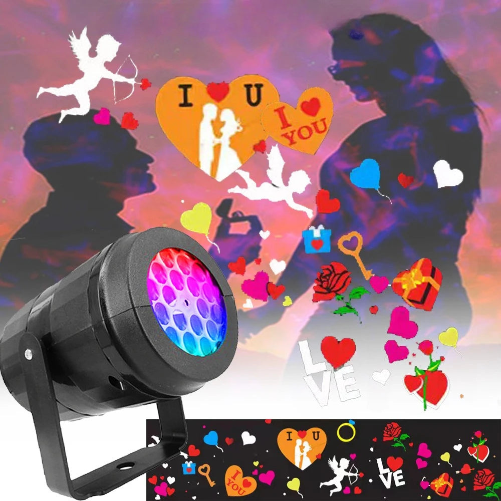 An outdoor LED projector light displaying various holiday patterns like hearts, leaves, and festive designs.