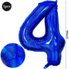 A shiny blue foil number balloon shaped like the numeral 4 for birthday and party decoration.