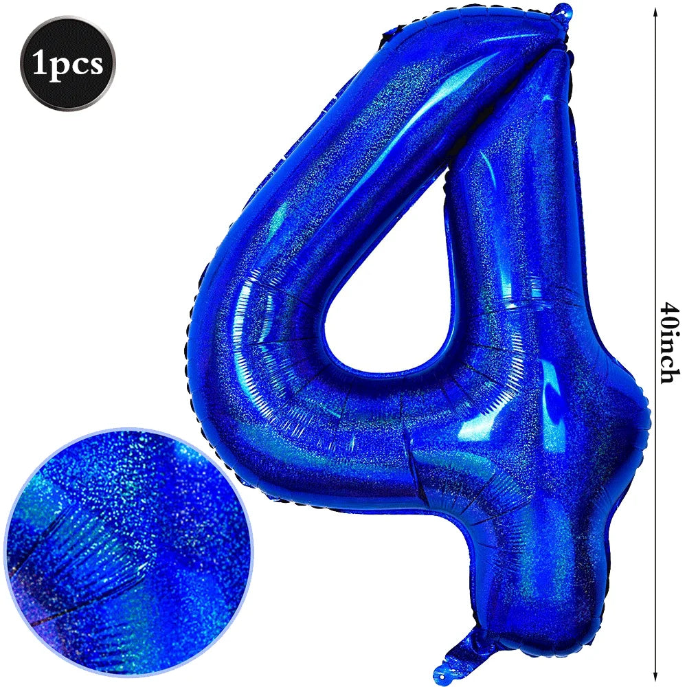 A shiny blue foil number balloon shaped like the numeral 4 for birthday and party decoration.