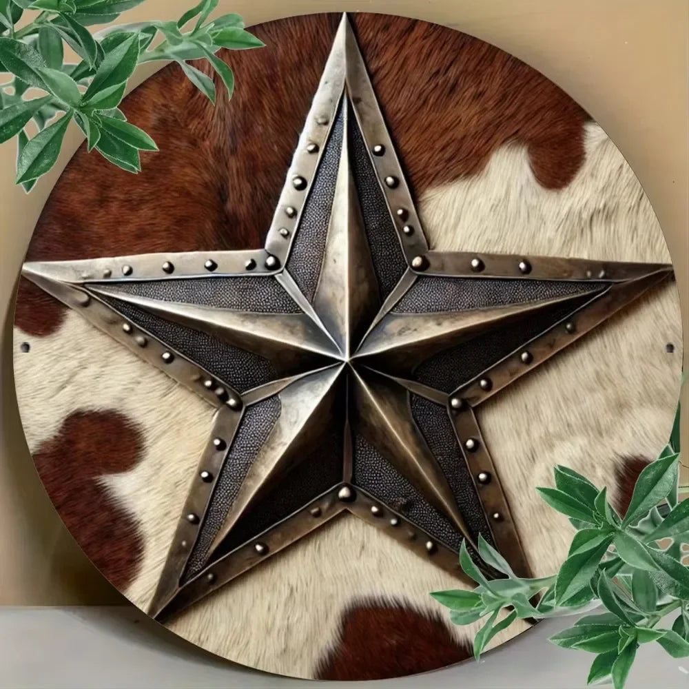 A vintage western cowboy star metal sign crafted from dark metal and natural hide.