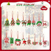 A display of 16 mini wooden candy cane ornaments in red, green, and white colors for Christmas trees.