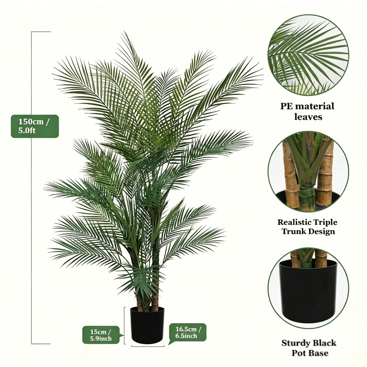 Artificial triple trunk palm tree with PE material leaves and a sturdy black pot base