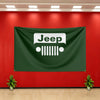 A dark green Jeep flag banner hangs on a red wall, featuring the Jeep logo.