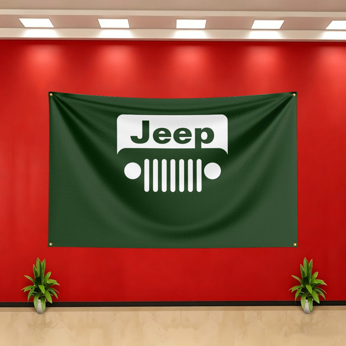 A dark green Jeep flag banner hangs on a red wall, featuring the Jeep logo.