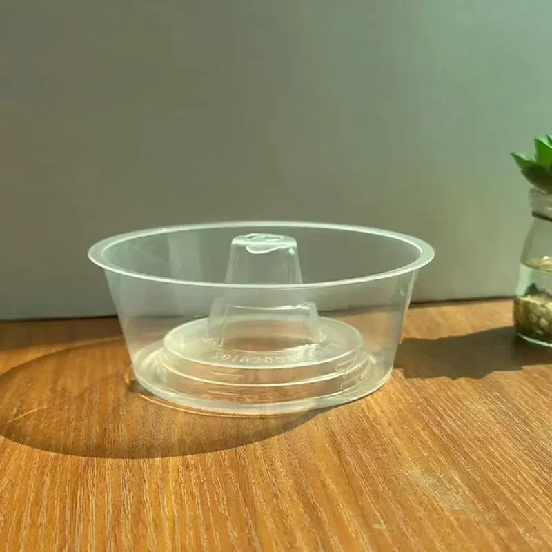 A clear plastic disposable cup with a lid rests on a wooden surface.