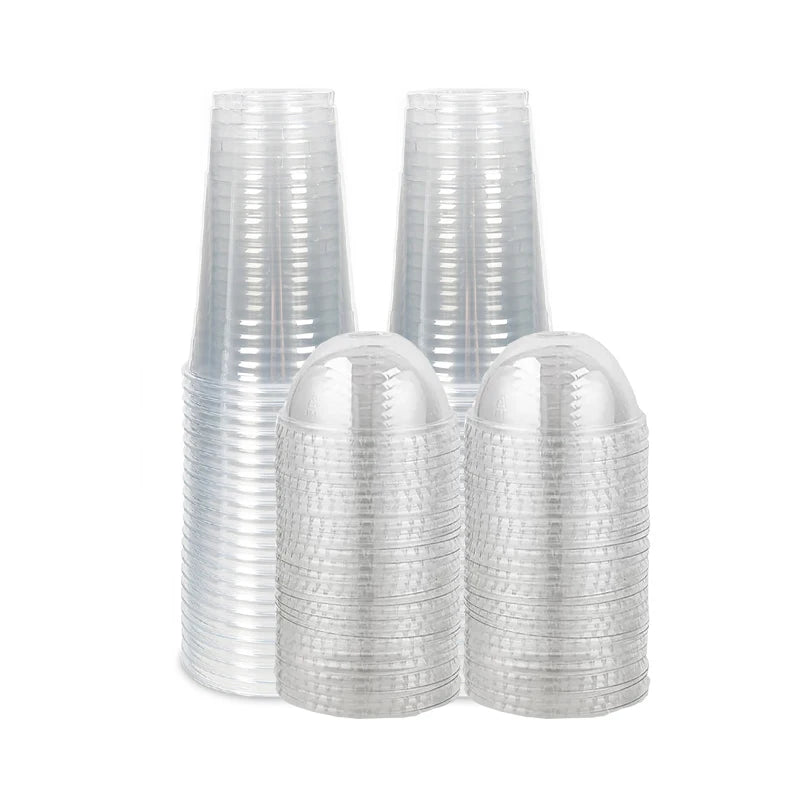 A set of clear disposable plastic cups with lids stacked in a row.