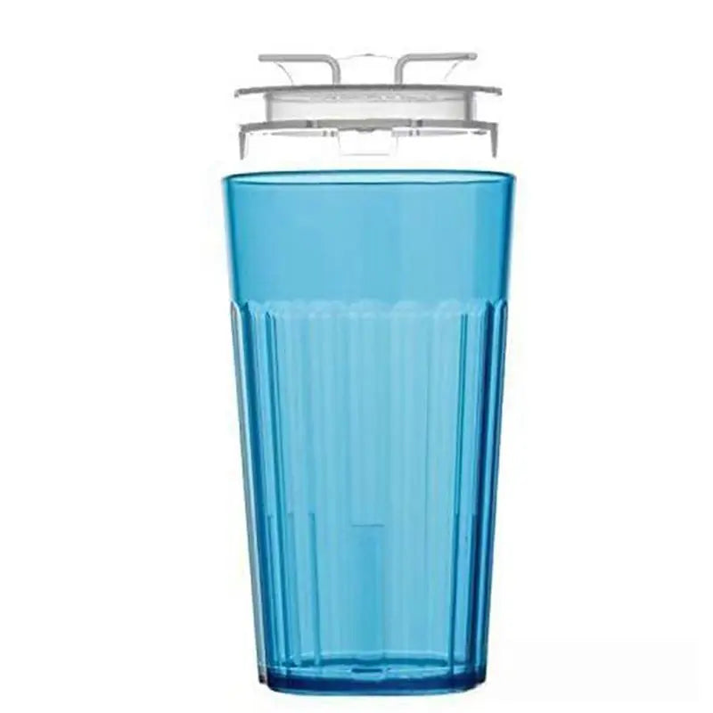 A clear blue plastic water bottle with a silver cap, used for Montessori training.