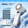 A white Kinscoter handheld fan is shown next to a Type-C cable and a lanyard, set against a snowy background.