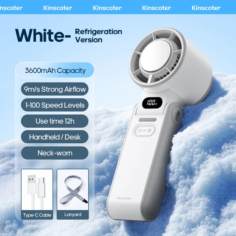 A white Kinscoter handheld fan is shown next to a Type-C cable and a lanyard, set against a snowy background.