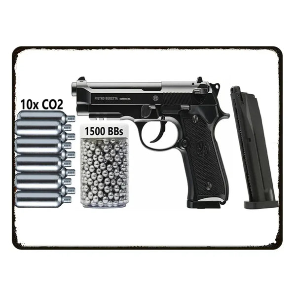 A black Beretta pistol loaded with 1500 BBs and a magazine displayed on a white background.