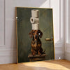 A painting of a brown dog sitting on a wooden box, framed in gold.