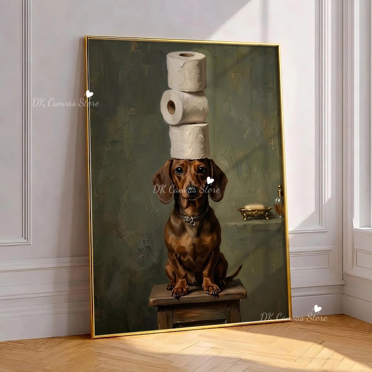 A painting of a brown dog sitting on a wooden box, framed in gold.