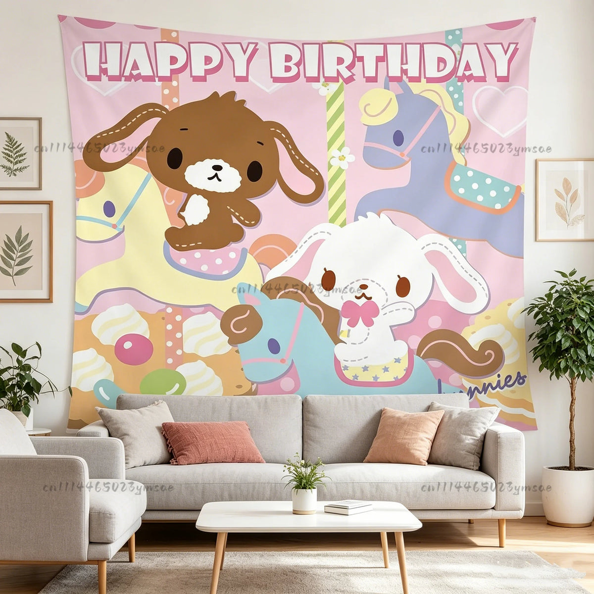 A colorful tapestry featuring a happy birthday theme with a brown dog and a purple unicorn.
