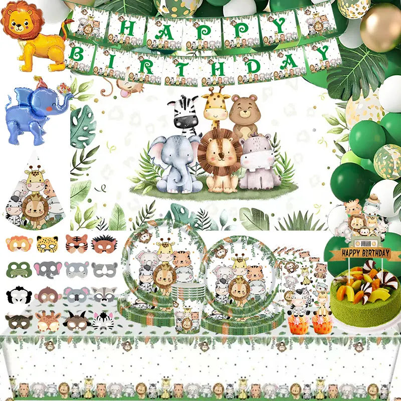 Jungle safari birthday decor set featuring adorable animal face masks and themed decorations