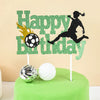 Green glitter birthday cake toppers featuring soccer players, a soccer ball, and a flame design.