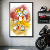 Anime-style movie poster of Sonic the Hedgehog in a yellow and white outfit against a red and yellow splash background