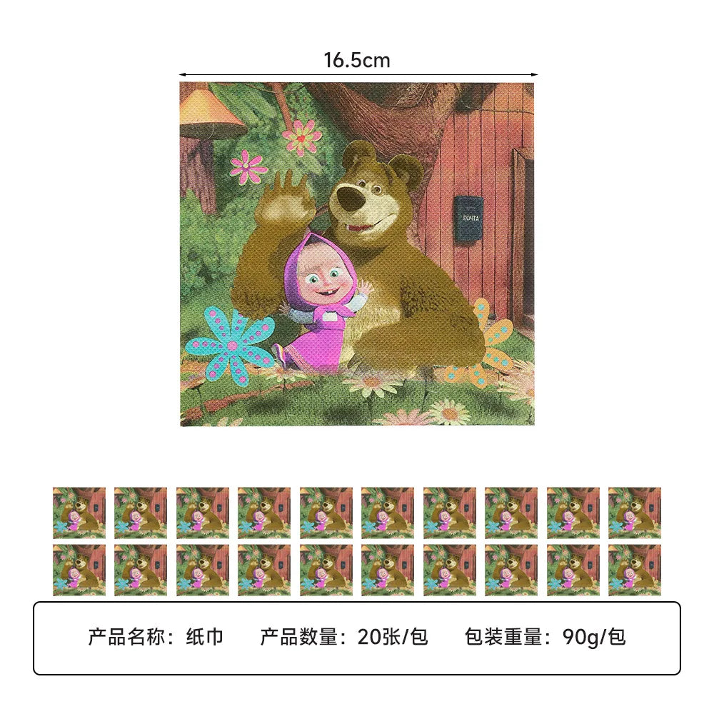 A set of decorative items featuring Masha and Bear characters in a forest setting.