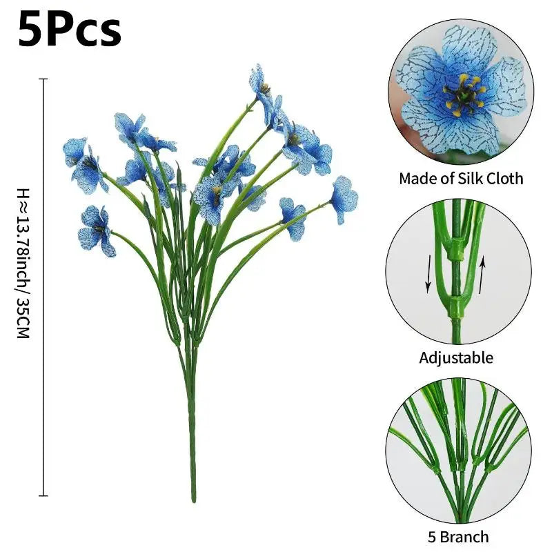 A bouquet of five blue artificial violet flowers on a green stem with an adjustable feature.