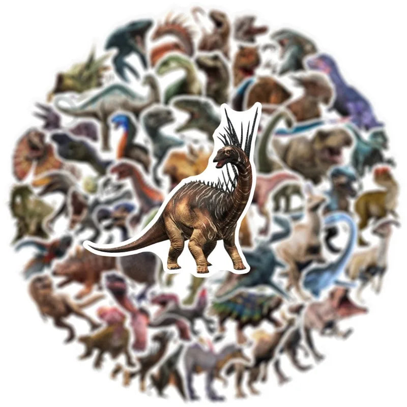 Arrangement circulaire d'autocollants de dinosaures en carton variés en couleurs et poses.