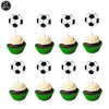 A set of 24 soccer ball cake toppers featuring black and white balls on green cupcake liners.