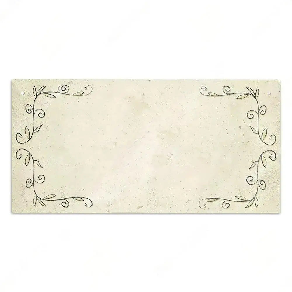 A rectangular, light beige wooden sign with a decorative black vine border for personalized text.