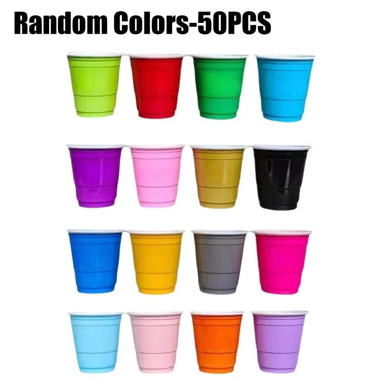 A collection of 50 colorful disposable plastic shot cups in various shades including green, red, blue, purple, and orange.