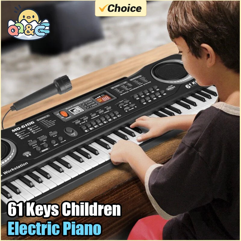 A young boy plays a 61-key electric piano with a microphone on a wooden desk.