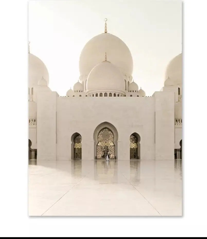 White canvas wall art depicting a mosque dome and architecture for living room decor