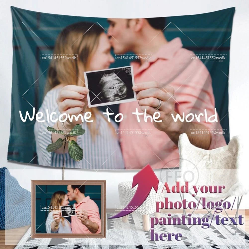 A couple is shown in a maternity photo against a dark teal background with text welcoming a new baby to the world.