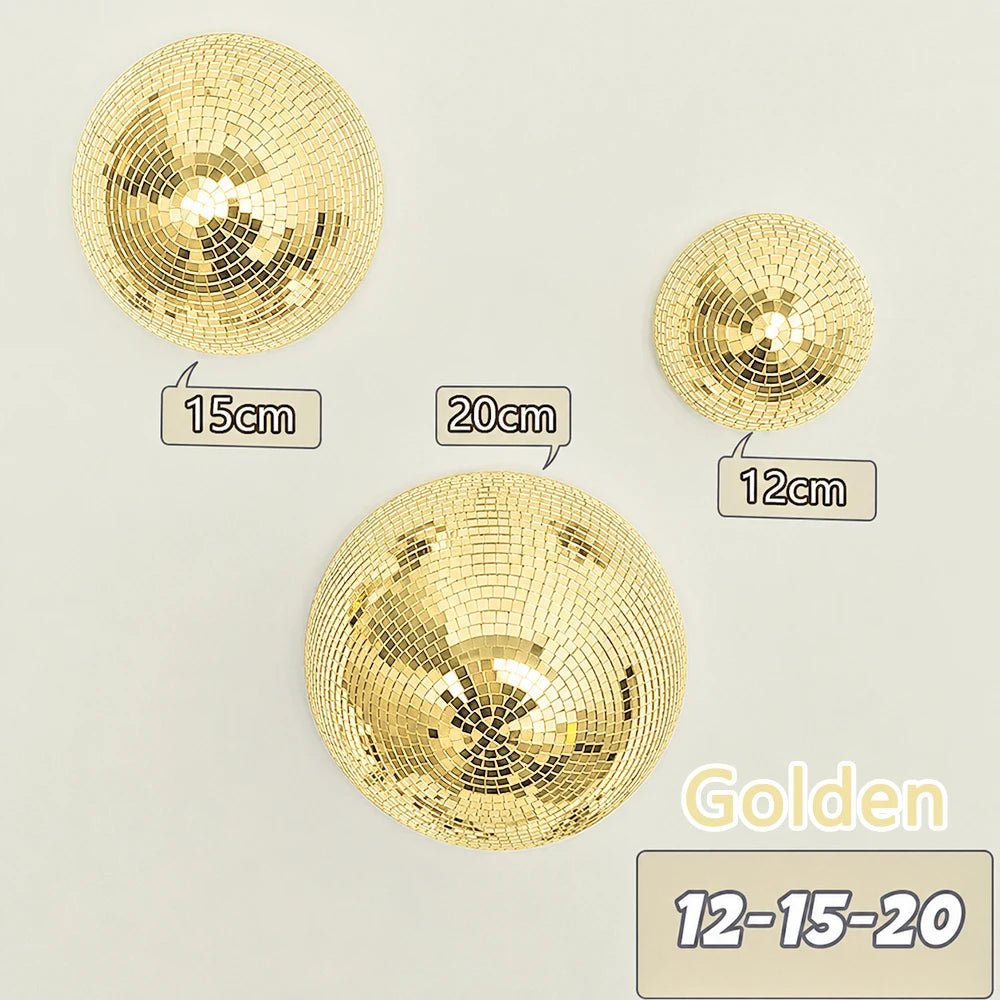 Golden disco ball decor with various sizes shown for wall mounting