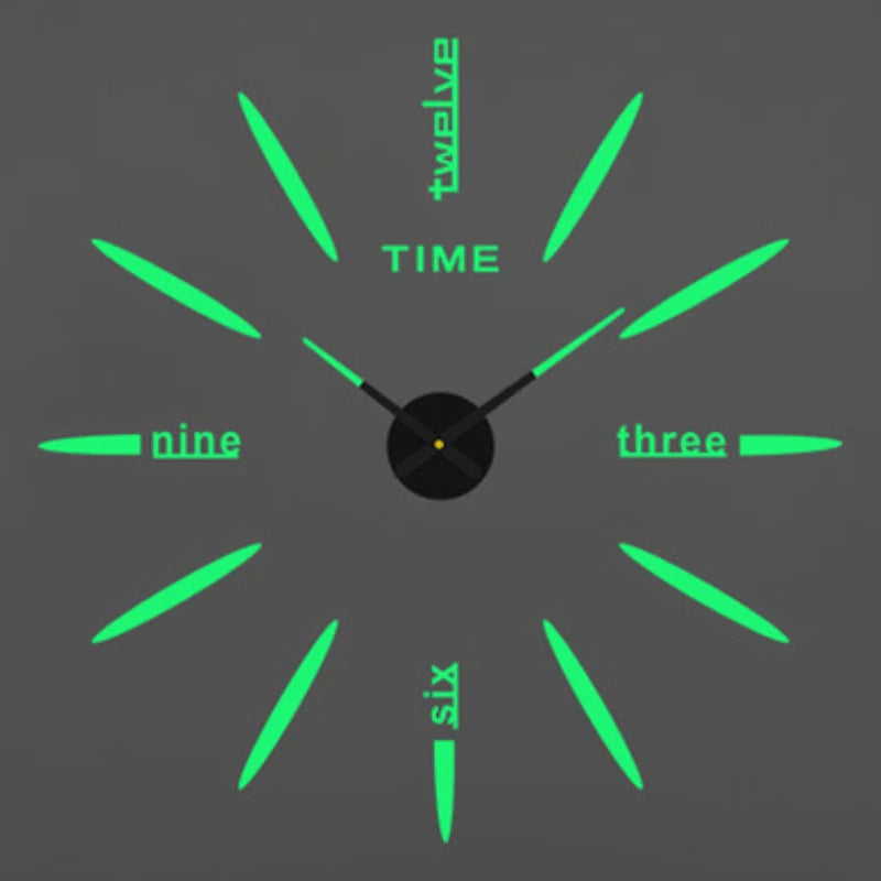 A modern 3D acrylic wall clock face with twelve green directional lines and hands pointing to the center.