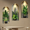 Three potted green plants displayed in arched, illuminated frames on a beige wall.