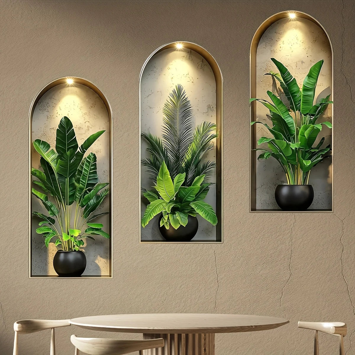 Three potted green plants displayed in arched, illuminated frames on a beige wall.