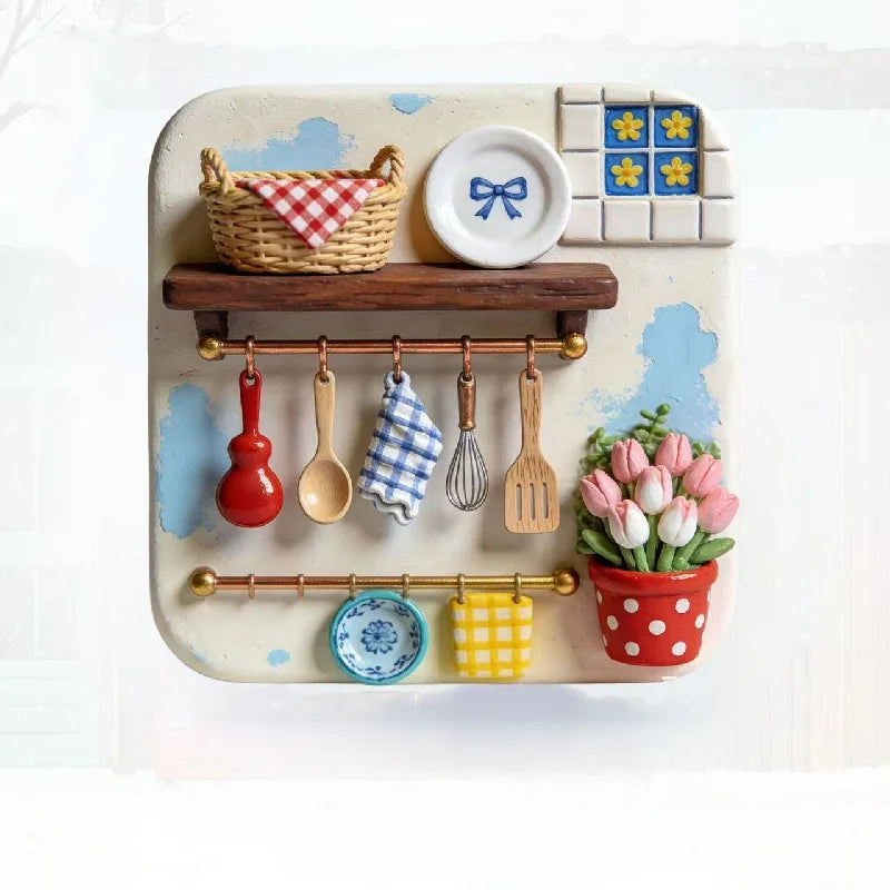 A white ceramic tray holds various kitchen items like wooden spoons, a woven basket, and a potted pink tulip plant.