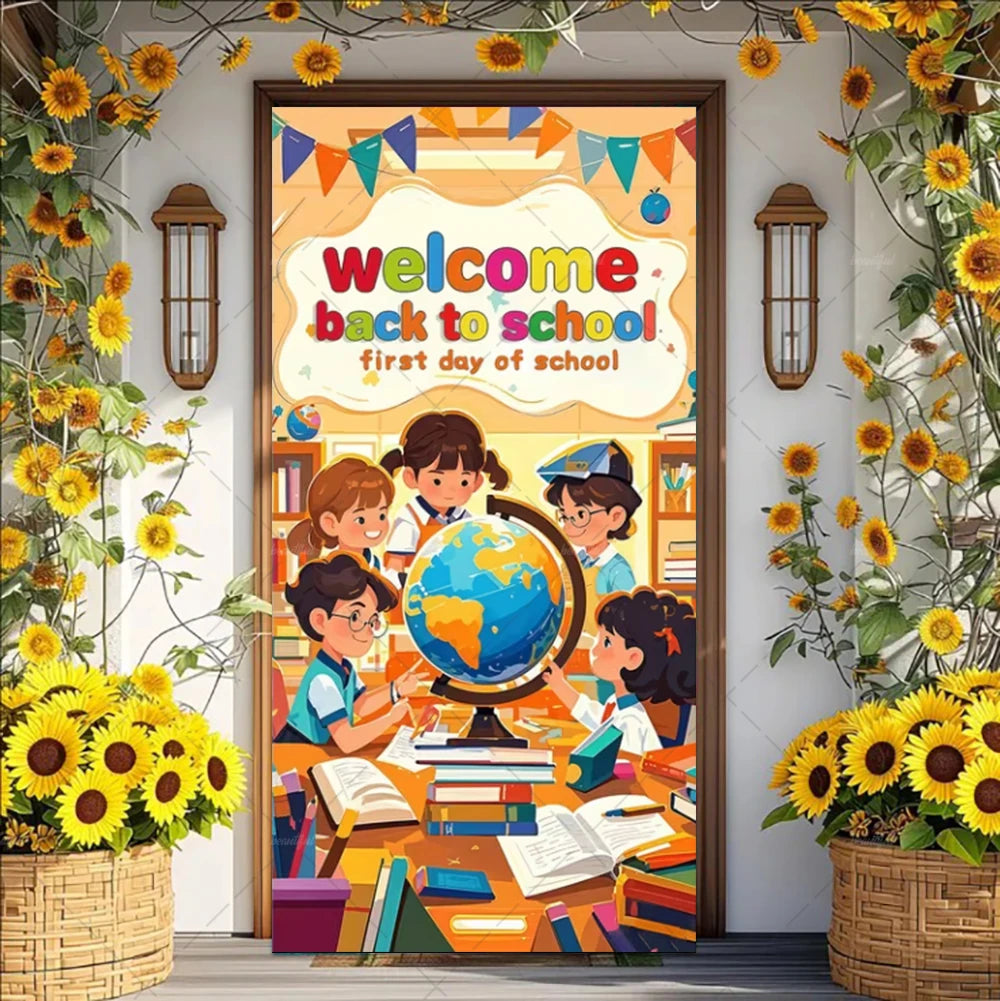 A colorful vinyl backdrop banner featuring children and a welcome back to school theme surrounded by sunflowers.