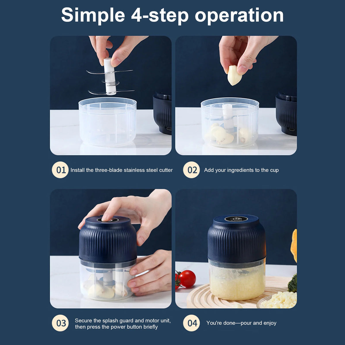 A four-step operation guide showing how to use a cordless electric mini food chopper for mincing ingredients.