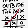 A black and white motivational quote print that reads Think Outside The Box with a red diagonal line across the bottom sectio