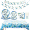 A set of cartoon elephant disposable party tableware including banners, plates, napkins, and cups.