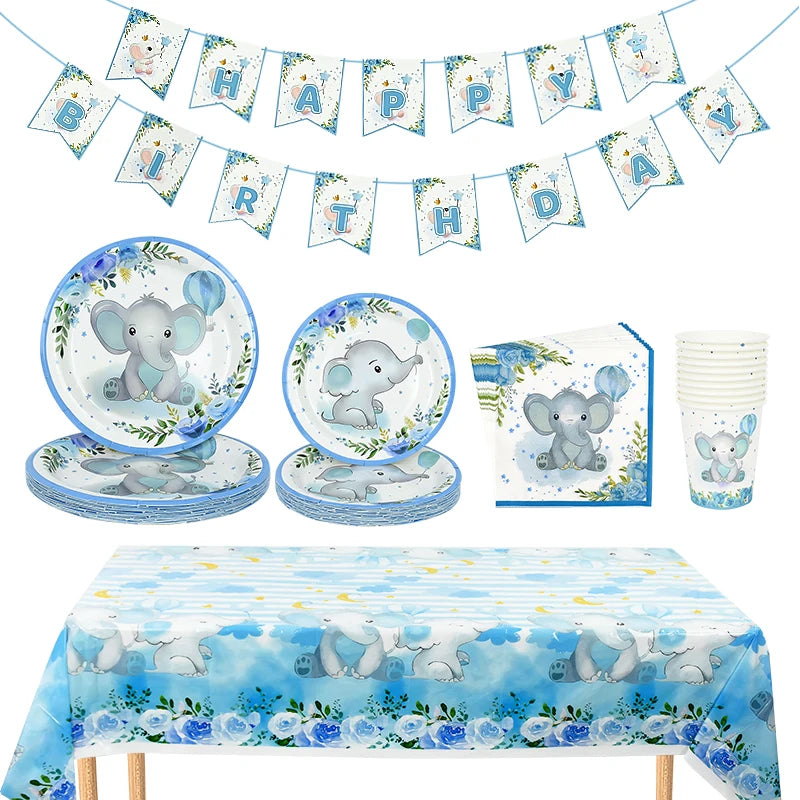A set of cartoon elephant disposable party tableware including banners, plates, napkins, and cups.