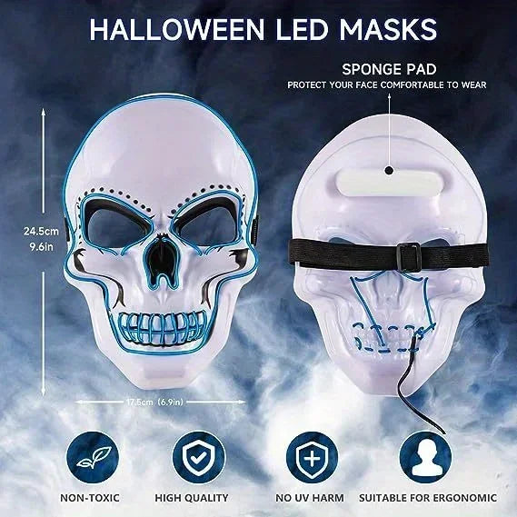 A white LED glow skull mask is shown alongside a sponge pad and features non-toxic, high quality, and ergonomic design.