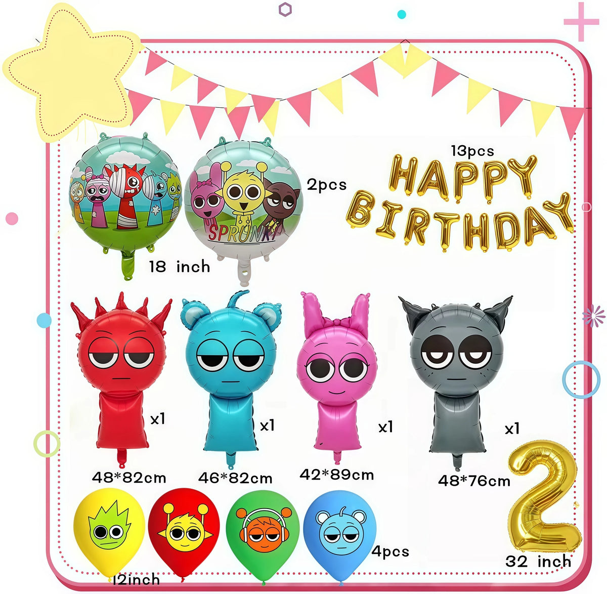 A set of 13 balloons featuring various animal designs for a birthday party