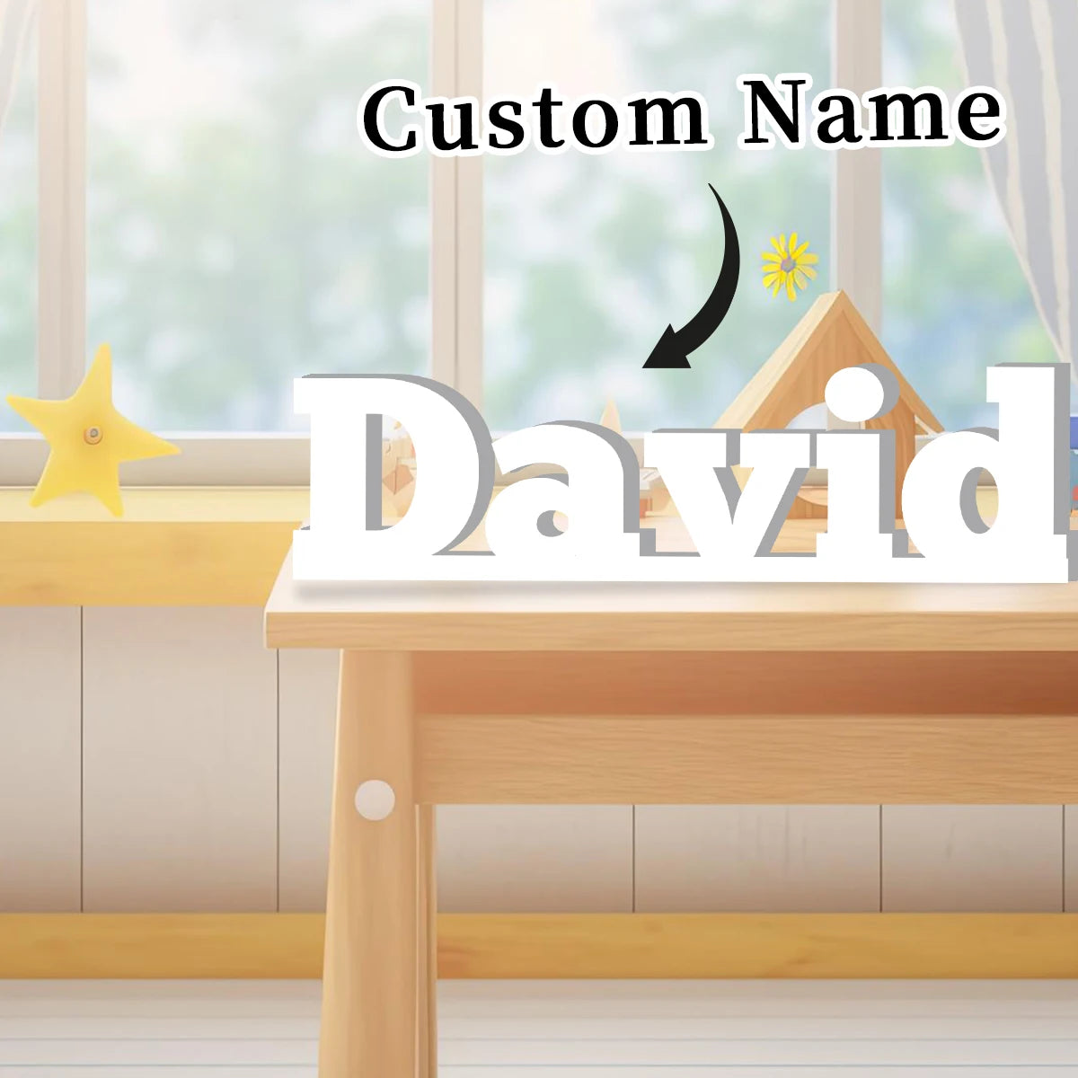 A wooden table with a personalized name ornament labeled David and decorative elements in the background.