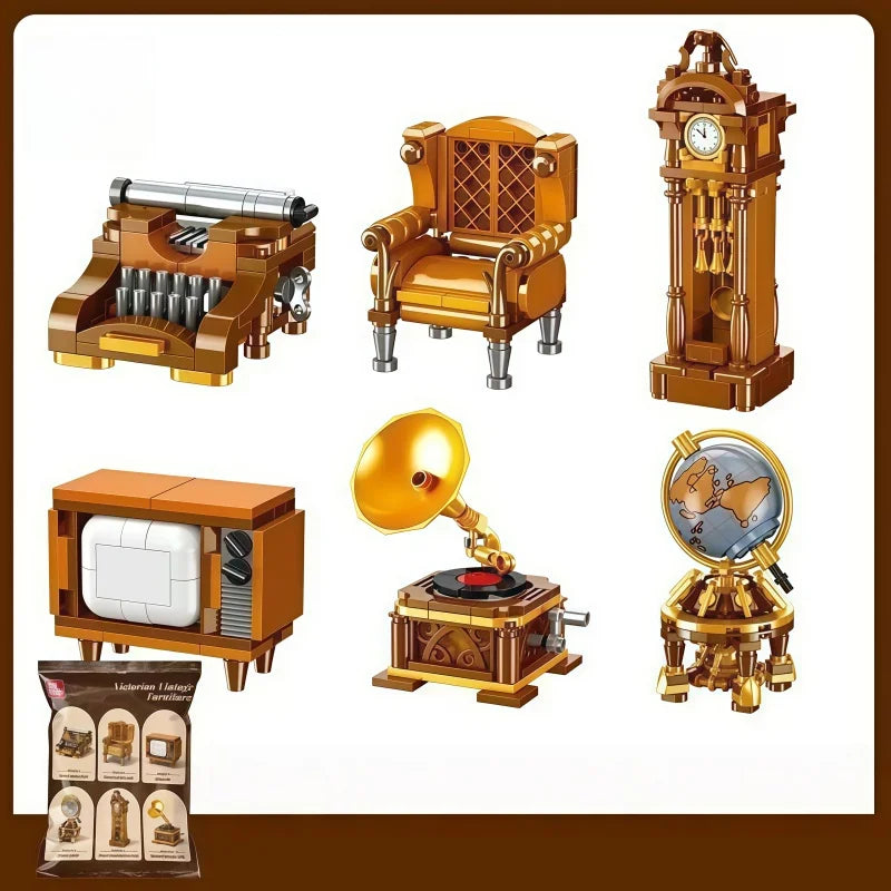 A set of vintage miniature furniture and appliance models made from wooden blocks.