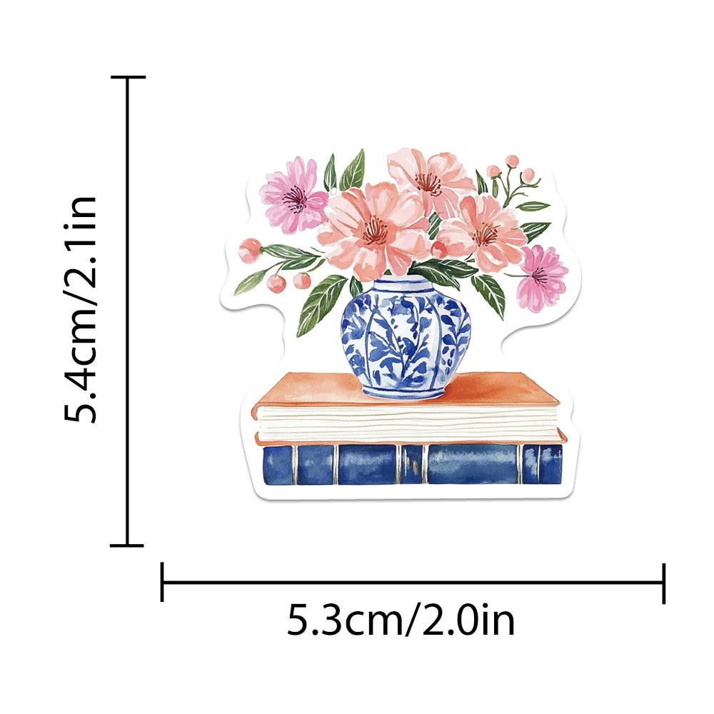 Watercolor illustration of a blue ceramic vase filled with pink flowers and a stack of books.